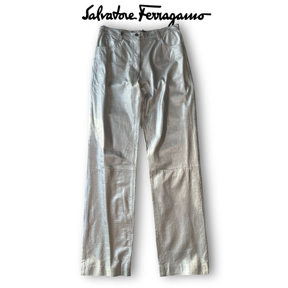 Salvatore Ferragamo Silver Leather Pants, Size 12, Never worn, Soft & Buttery